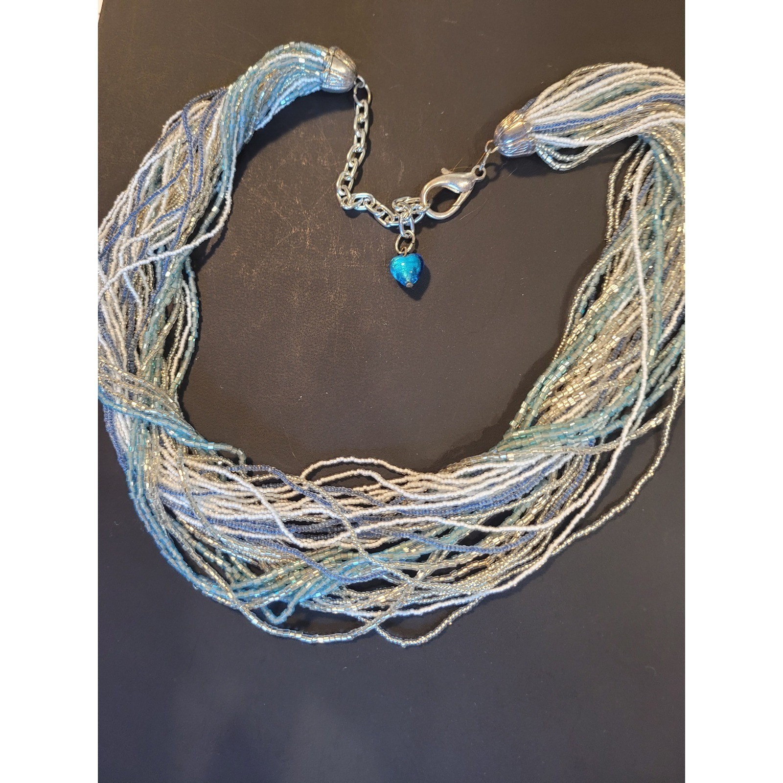 Blue White Silver Multi Strand Seed Bead Necklace with Heart Charm Extender 23″