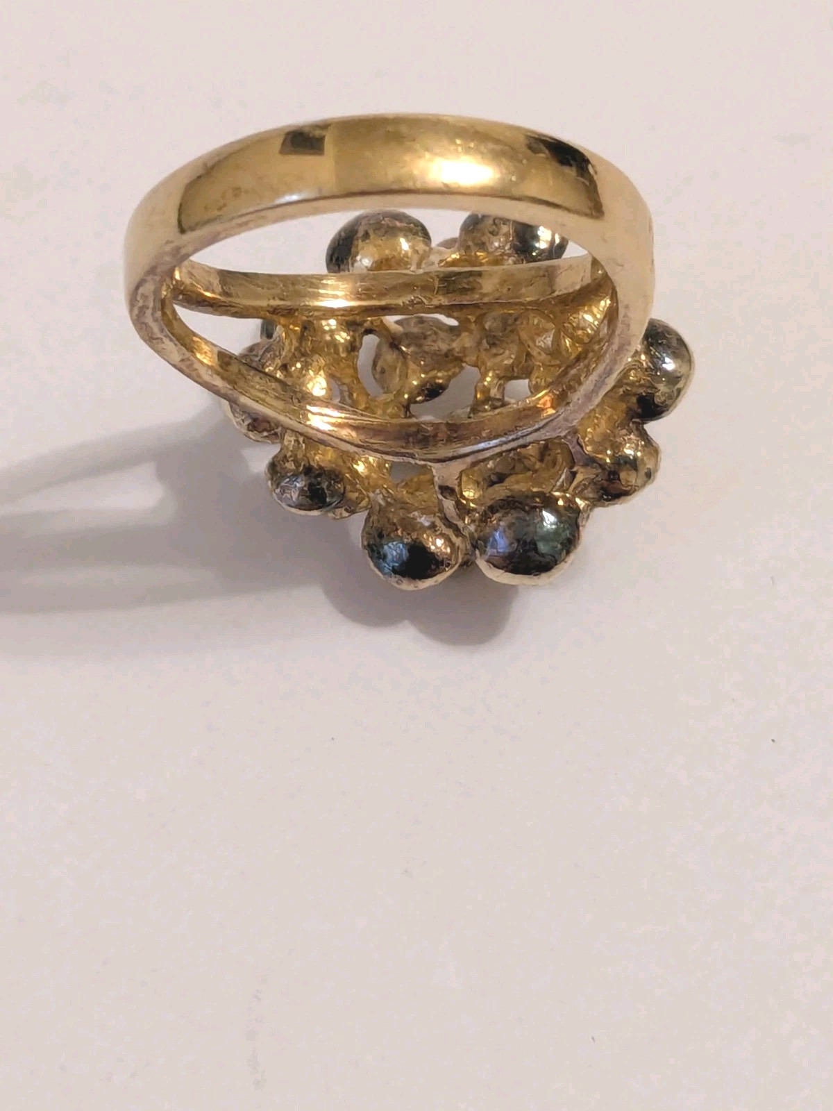 Signed M Gold Plated 925 Silver Dome Flower Nugget Style Cocktail Ring. Size 8.