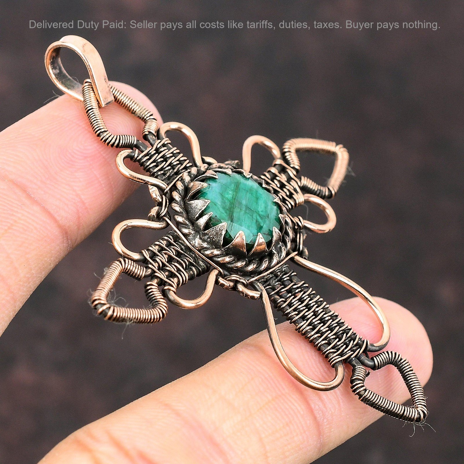 Christmas Deal Natural Zambian Emrald Copper Birthday Wire Wrapped Cross Pendant