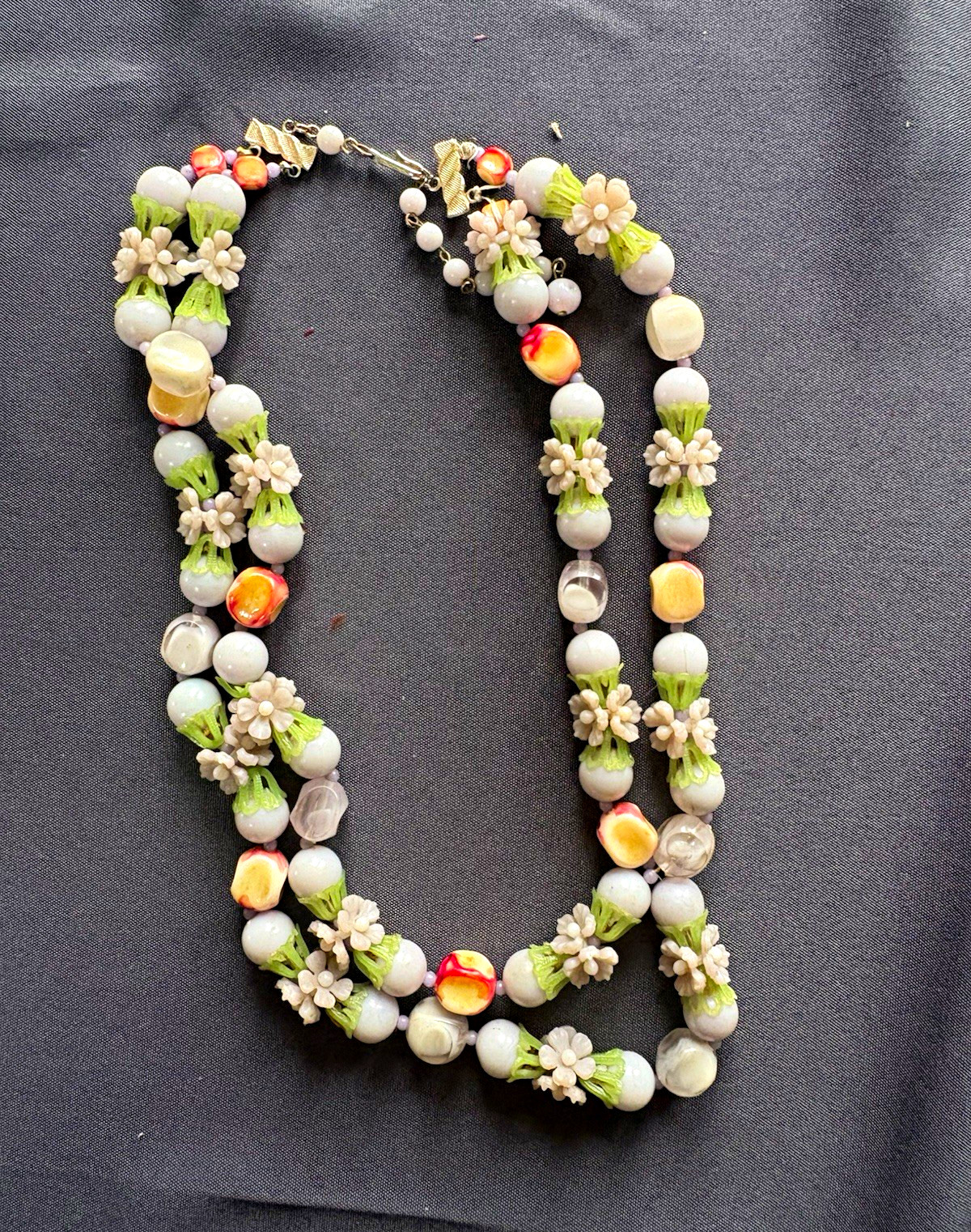 Beaded Glass Floral Necklace White Green Orange Ball/Bead Chain