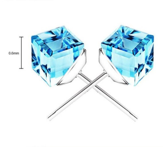 A Pair Square Cube Crystal 925 Sterling Silver Stud Post CZ Earrings Gift