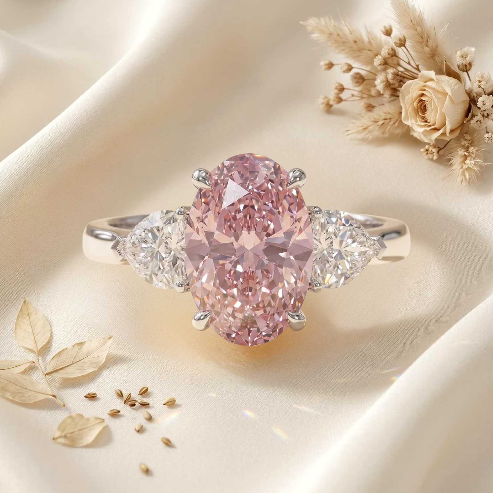 IGI Lab Created Diamond Ring Fancy Intense Pink 950 Platinum 3.80 Carat Oval Cut