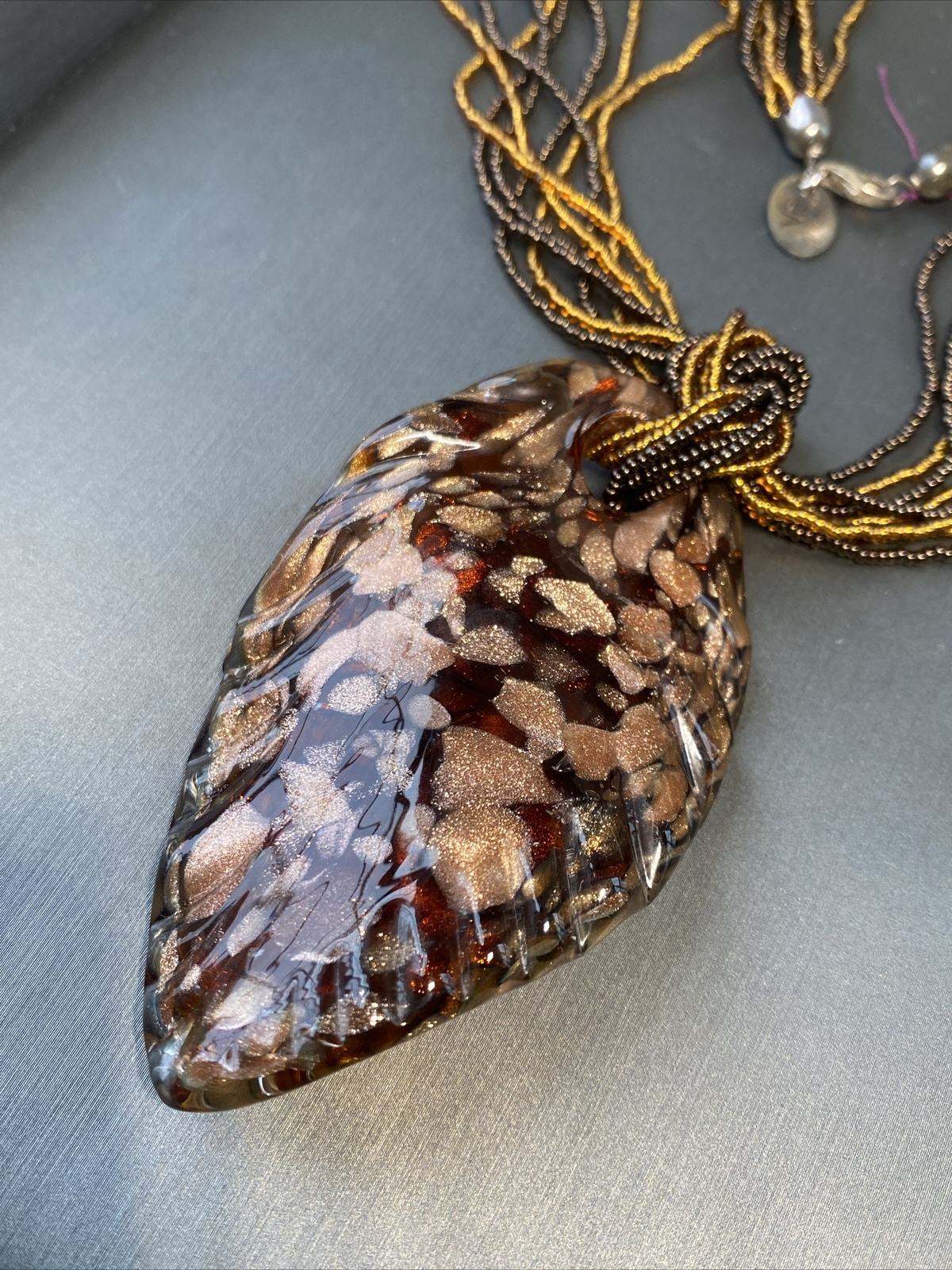 Vintage Pendant Necklace Handblown Murano Italy Art Glass 24K Gold Fleck Signed