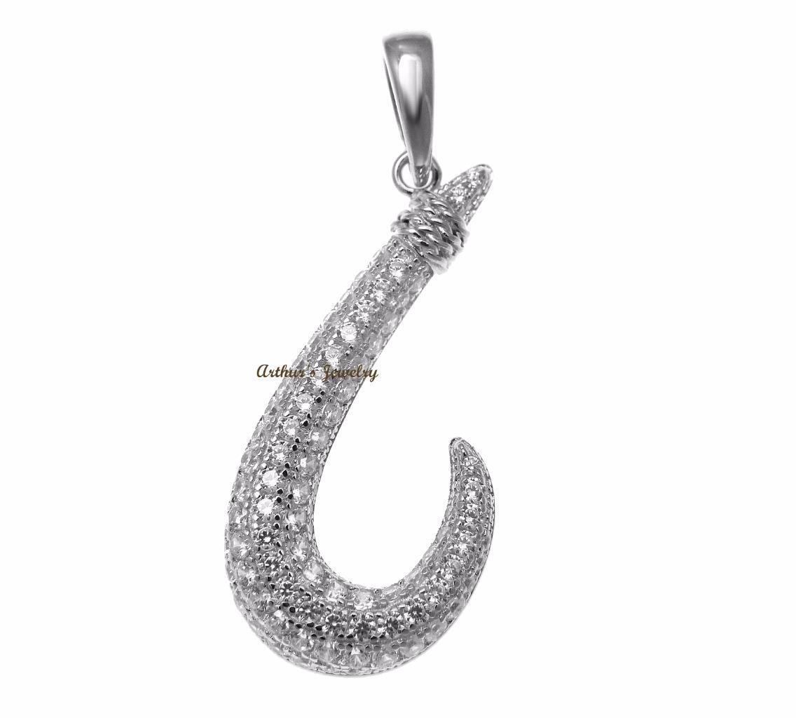RHODIUM PLATED 925 STERLING SILVER HAWAIIAN FISH HOOK PENDANT CZ 15.30MM