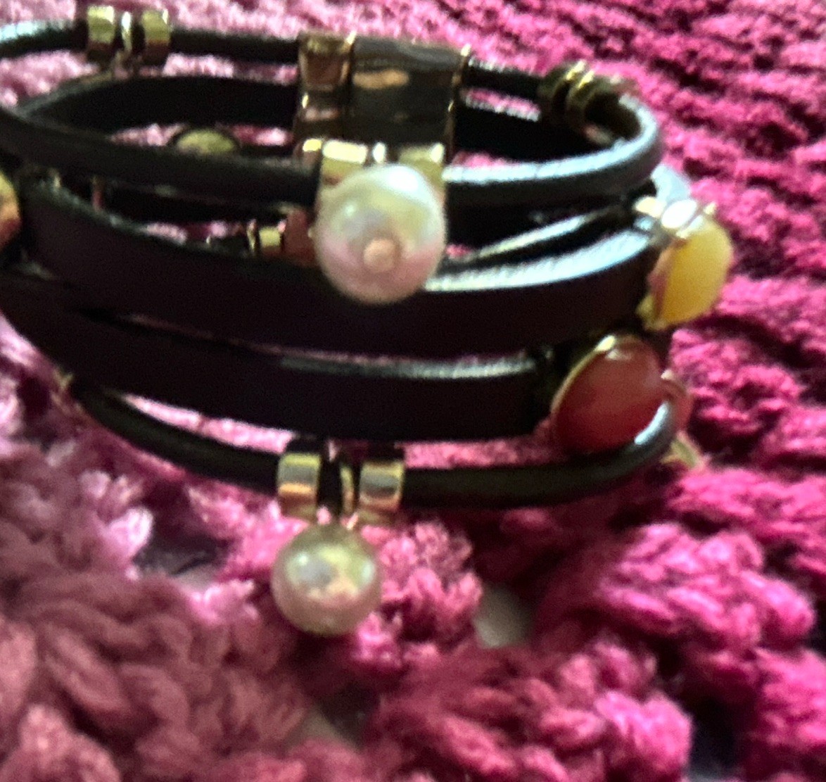 Multi-Strand Leather Cord Glass Bead Charm Bracelet, Brown/Multicolor