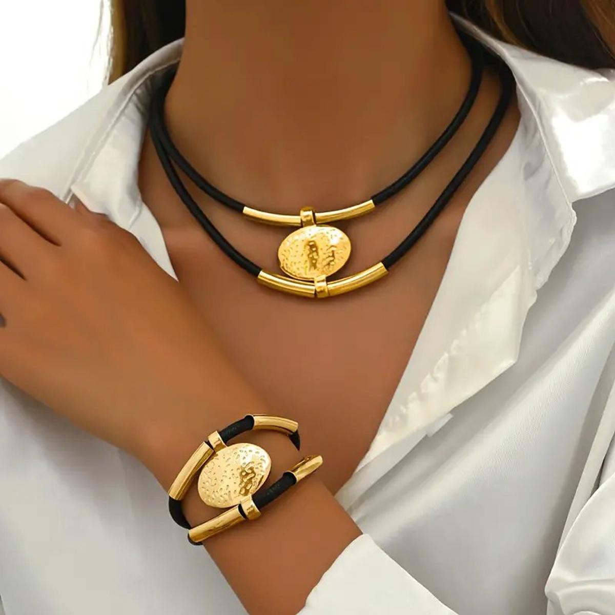 Vintage Oval Faux Leather Necklace Bracelet Set Women Gold Silver 2pc Jewelry