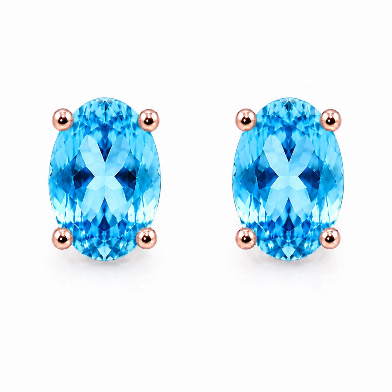 Natural 4x6mm Swiss Blue Topaz Stud Earrings 925 Sterling Silver Rose Gold