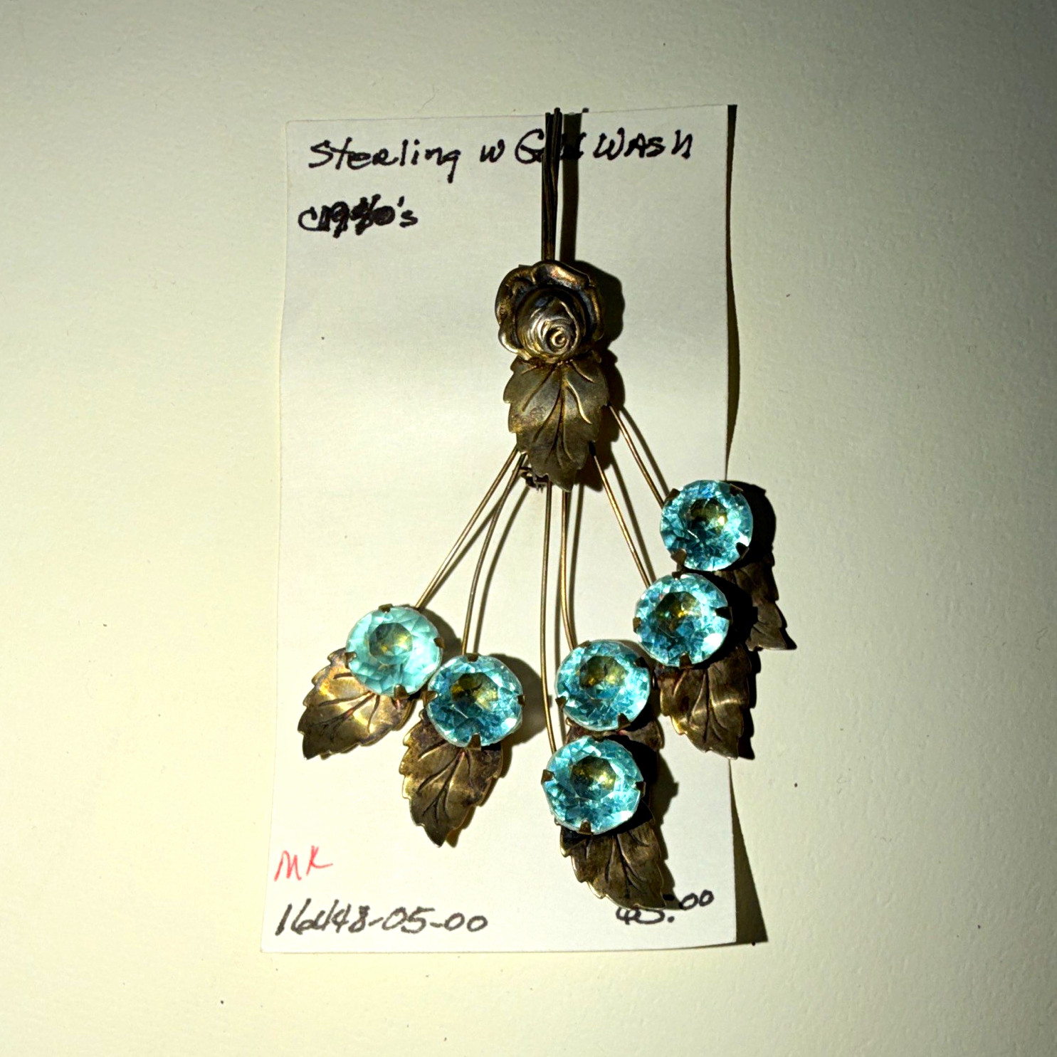 Vintage Sterling Silver 925 Floral Leaf Brooch Pin w/ 6 Blue Round Stones