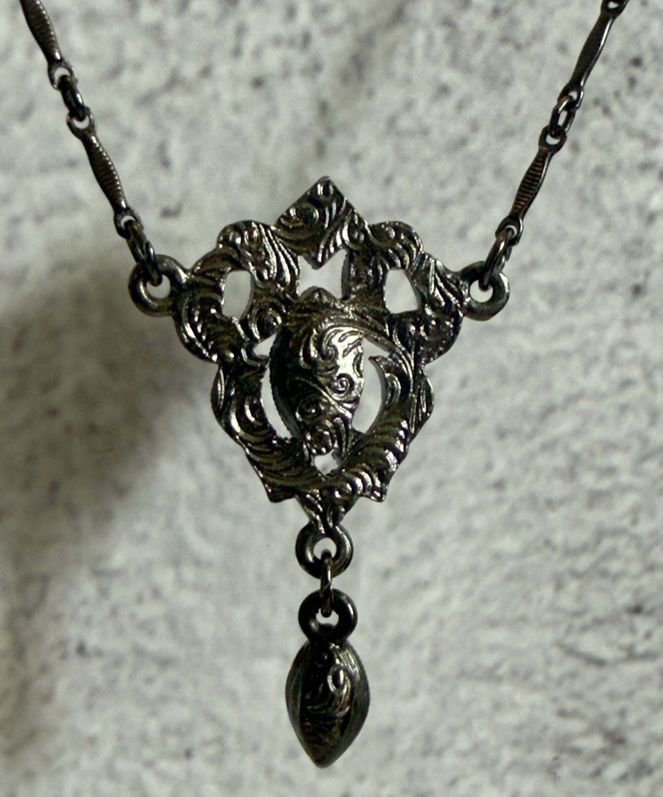 VTG 1928 Jewelry Co Black Rhinestone Marquise Y Drop Necklace Gunmetal Gothic
