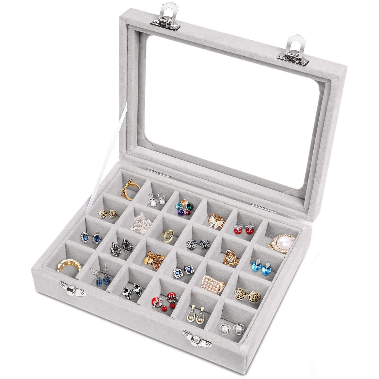 CBCYBER Jewelry Box 24 Grid Velvet 5.9 x 7.87 x 1.77 inches, Grey