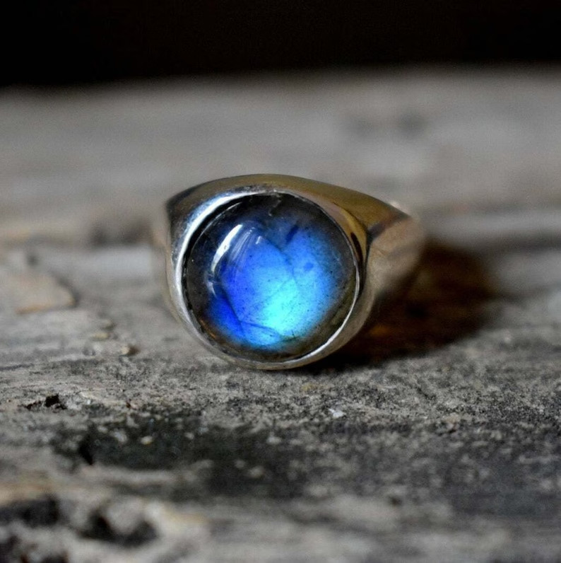 Solid 925 Sterling Silver Natural Blue Fire Labradorite Round Men’s Unisex Ring