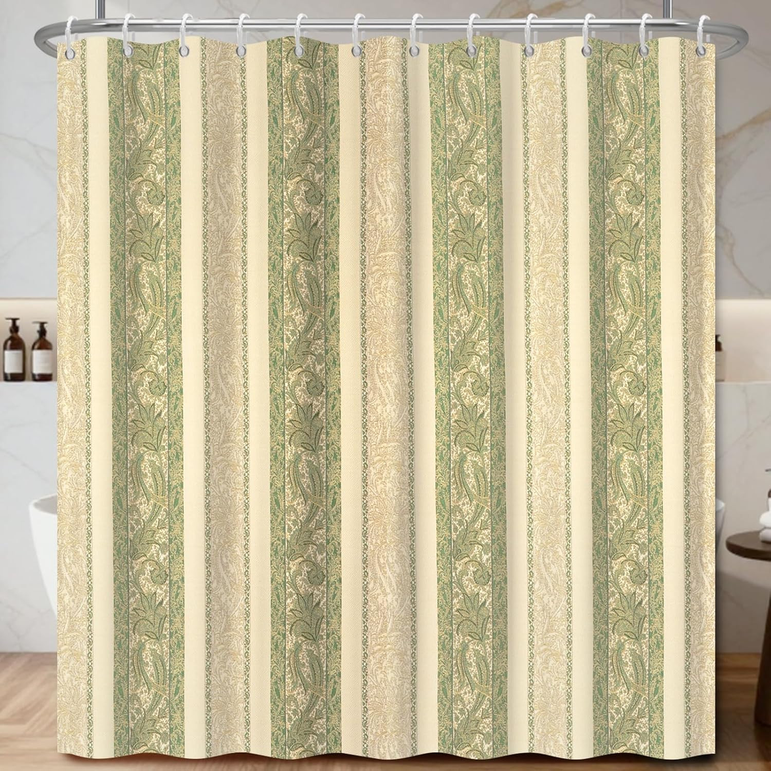 Vintage Olive Green Scrollwork & Floral Striped Shower Curtain with Hooks, Or…