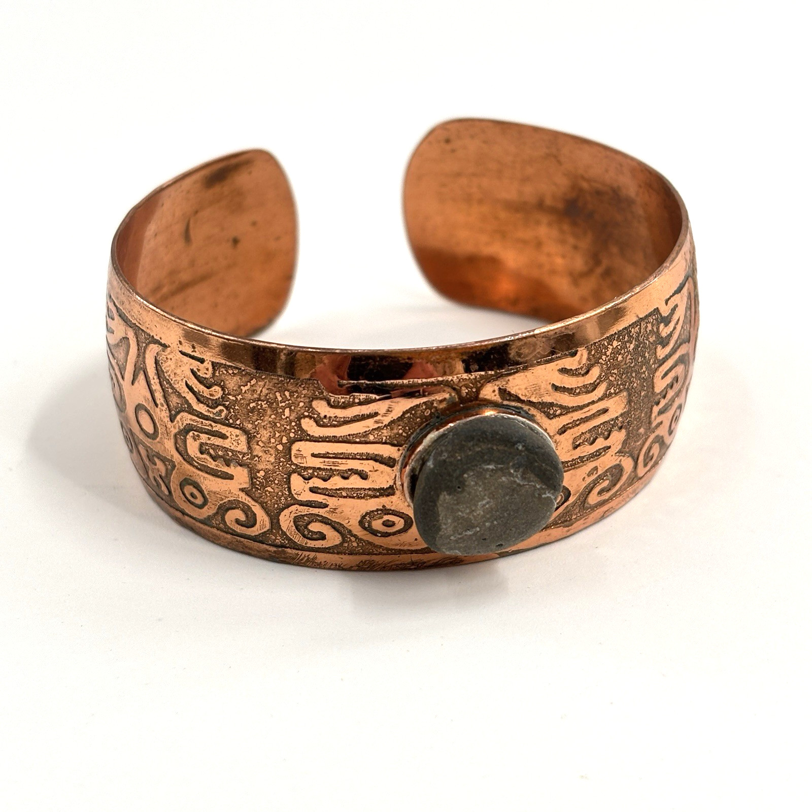 Vintage Copper Cuff Bracelet Etched Tribal Symbol Stone Cabochon Artisan Boho