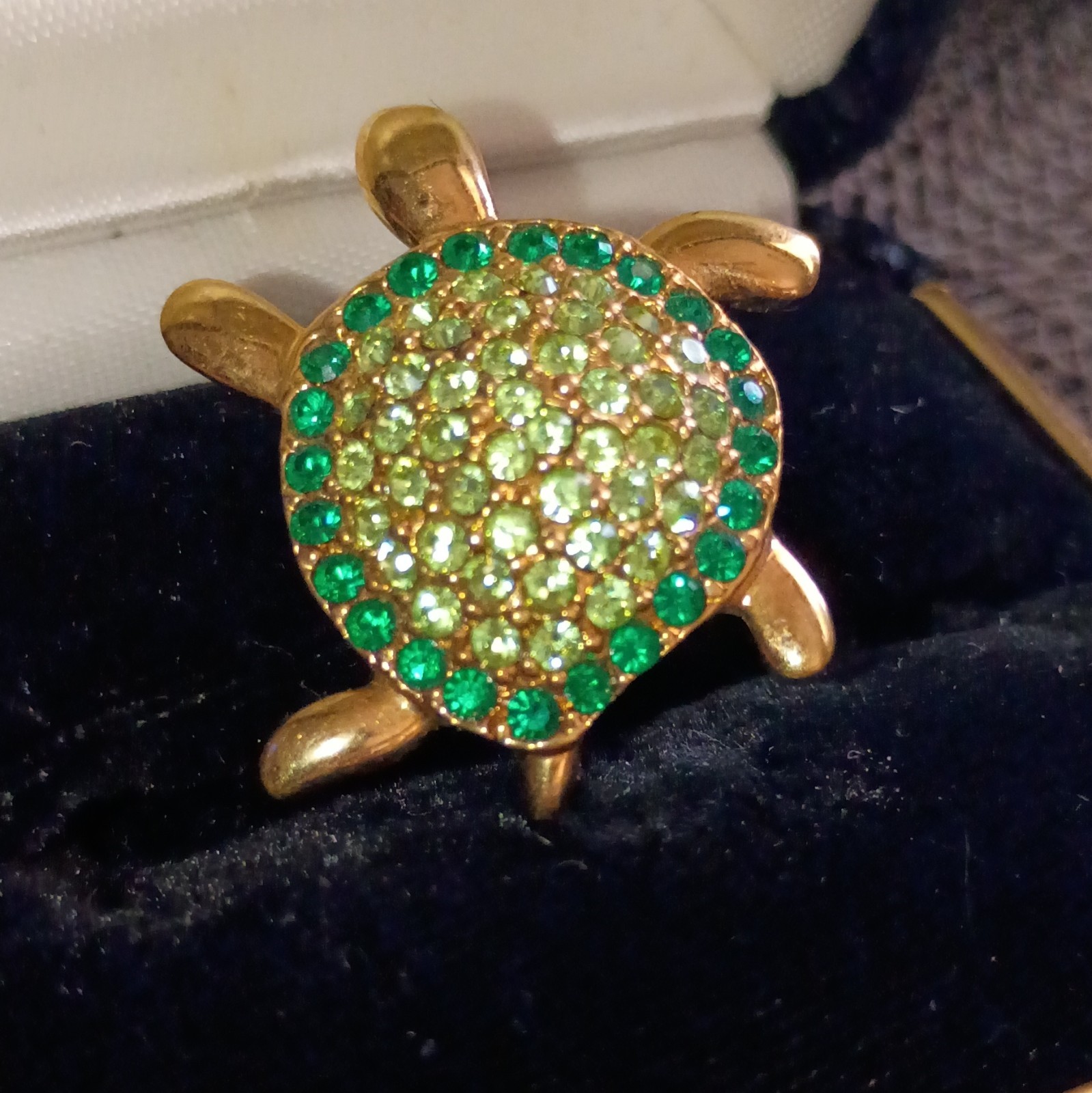 Gold Tone Turtle Brooch Pin Green Round Rhinestones Pavé Setting By Monet