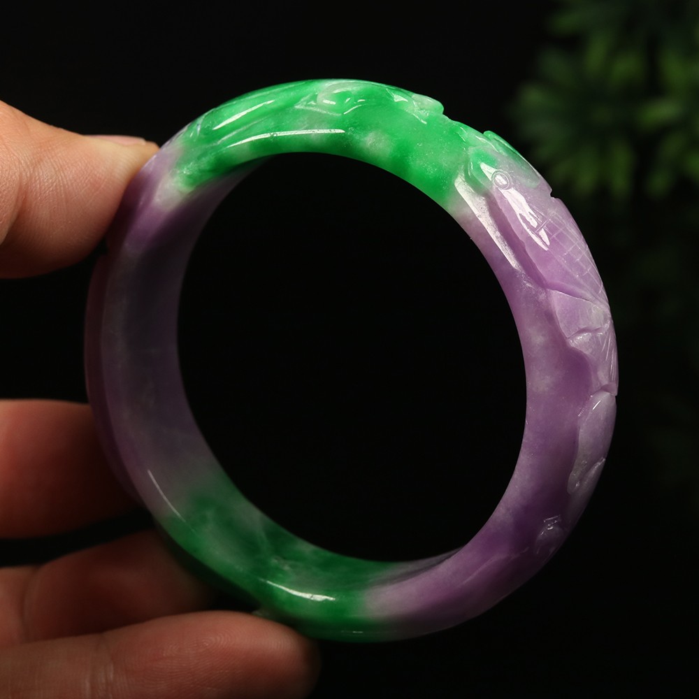 55mm Lavender Purple Green Jadeite Jade Bangle Bracelet Ruyi Fish Lotus A-14535