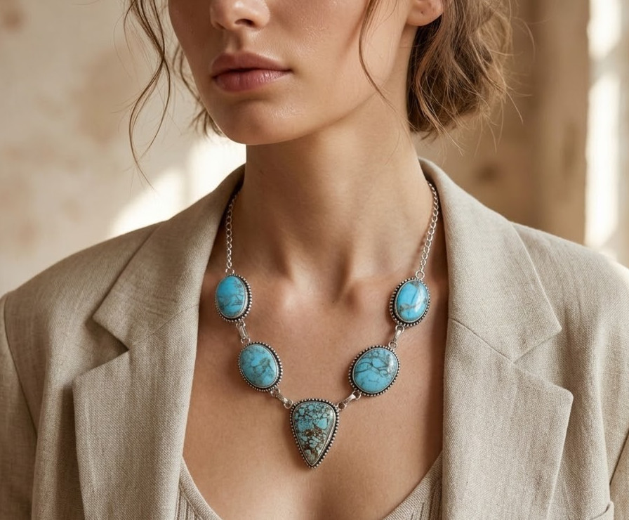 Natural Turquoise Gemstone Necklace 925 Sterling Silver Jewelry S-18″ Women Gift