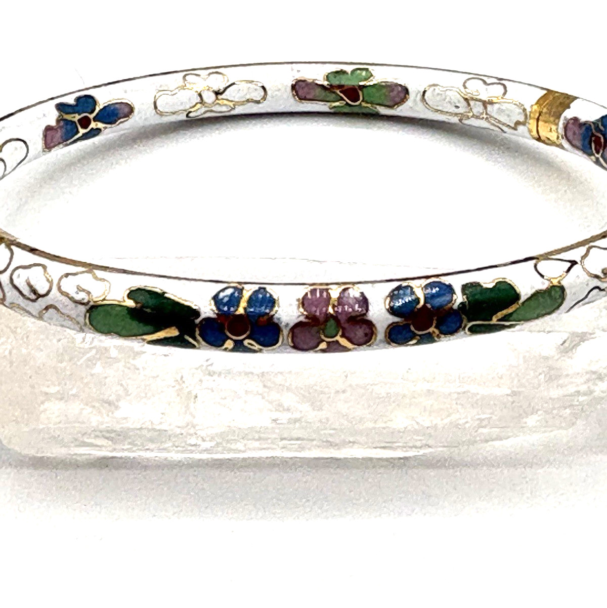 Hinged White Cloisonne Bangle Bracelet, Multi-colored Floral Enamel Bracelet