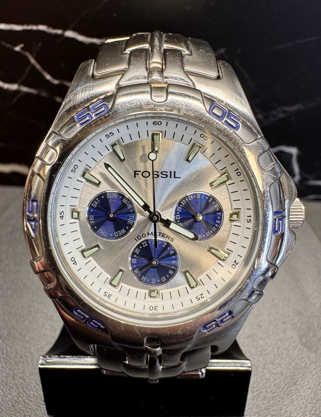 Fossil Blue BQ-9165 VTG Men’s Quartz Watch 100M Stainless Steel Silver/Blue Dial