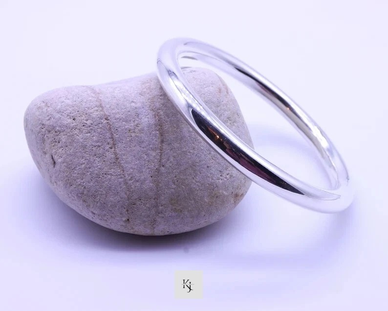 Solid 6.5mm Thick Round Plain Handmade Bangle 925 Sterling Silver Mens Bangle
