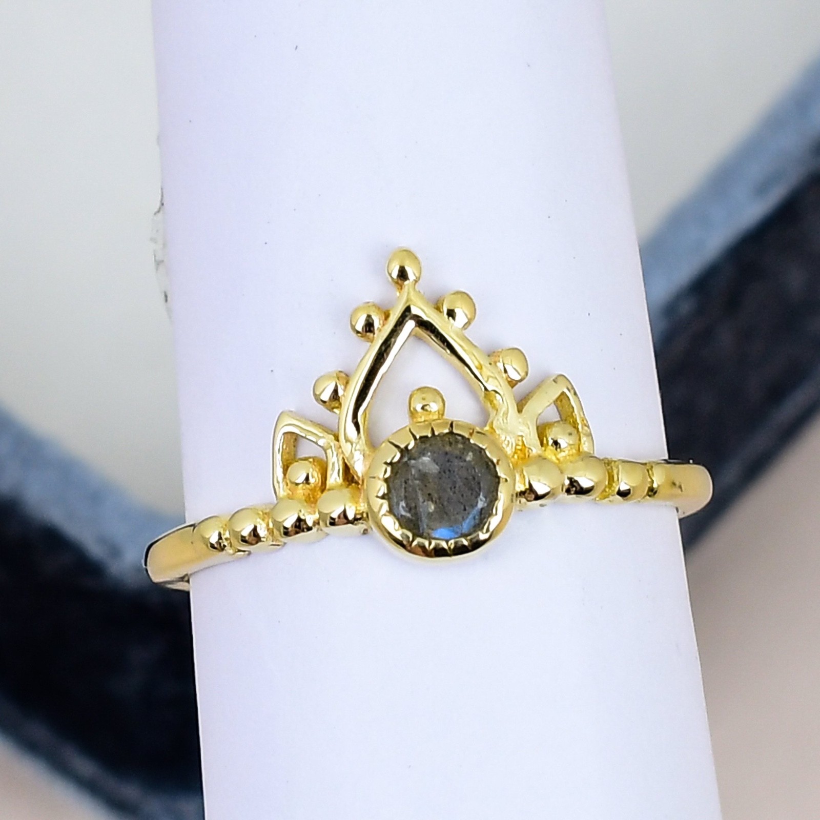 Labradorite Crown Ring 18K Gold Plated 4mm Round Gemstone Minimalist Ring