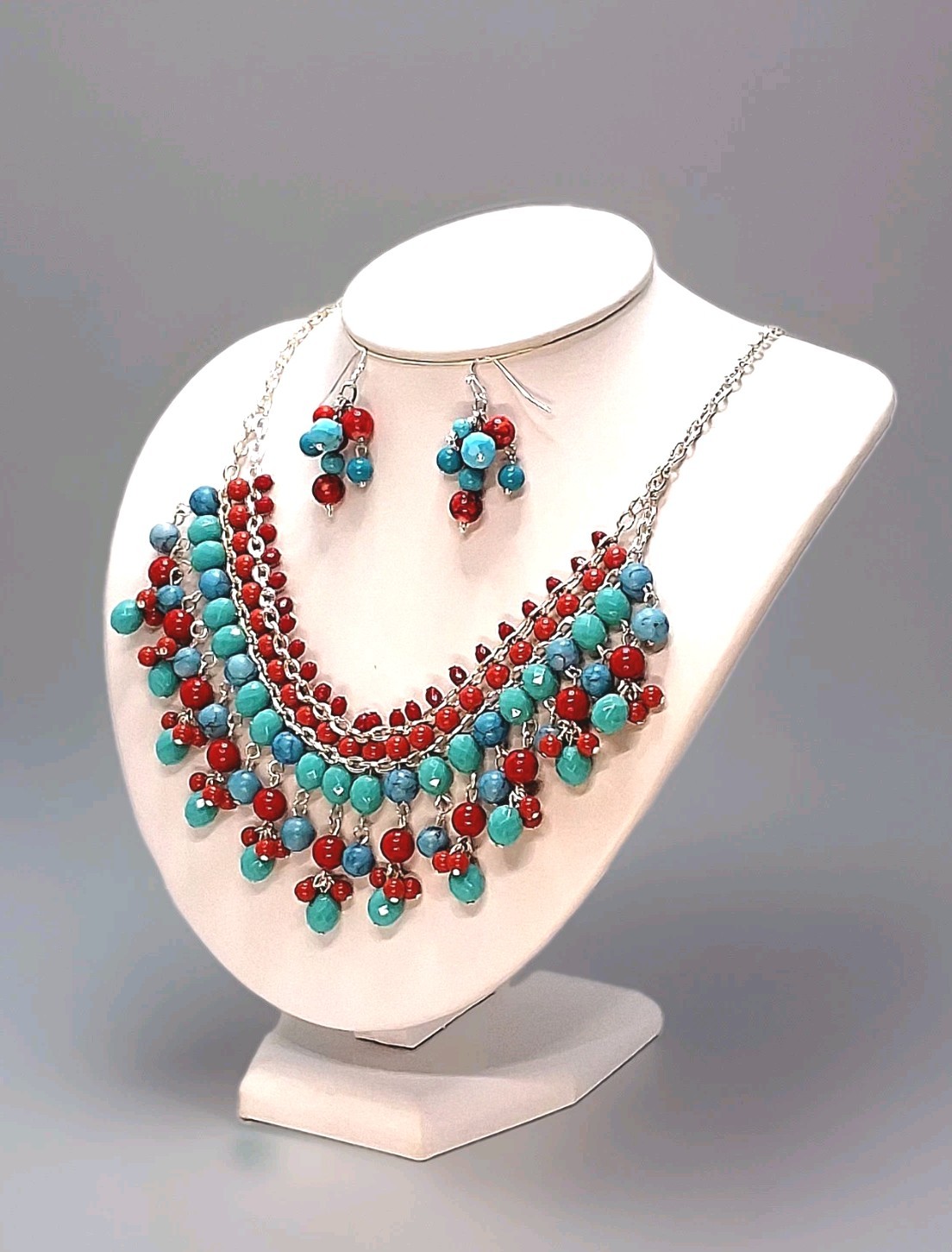 CHAP’S, Ralph Lauren Turquoise Red Silver 10″L Bib Necklace + 1.5″L Earrings Ap4