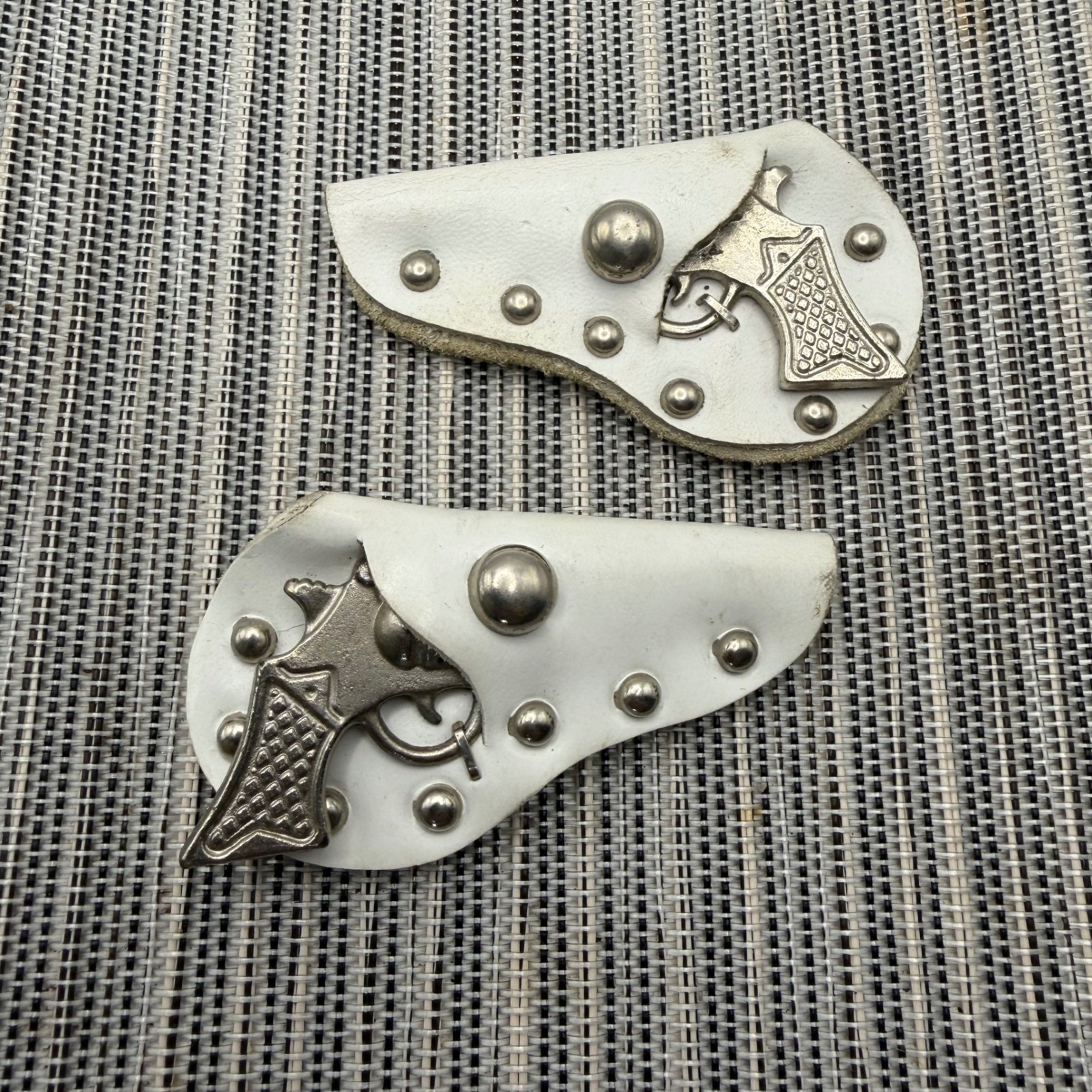 Vintage 50s Metal 6 Shooter Gun Diaper Clip Brooch White Studded Holster Set 2pc