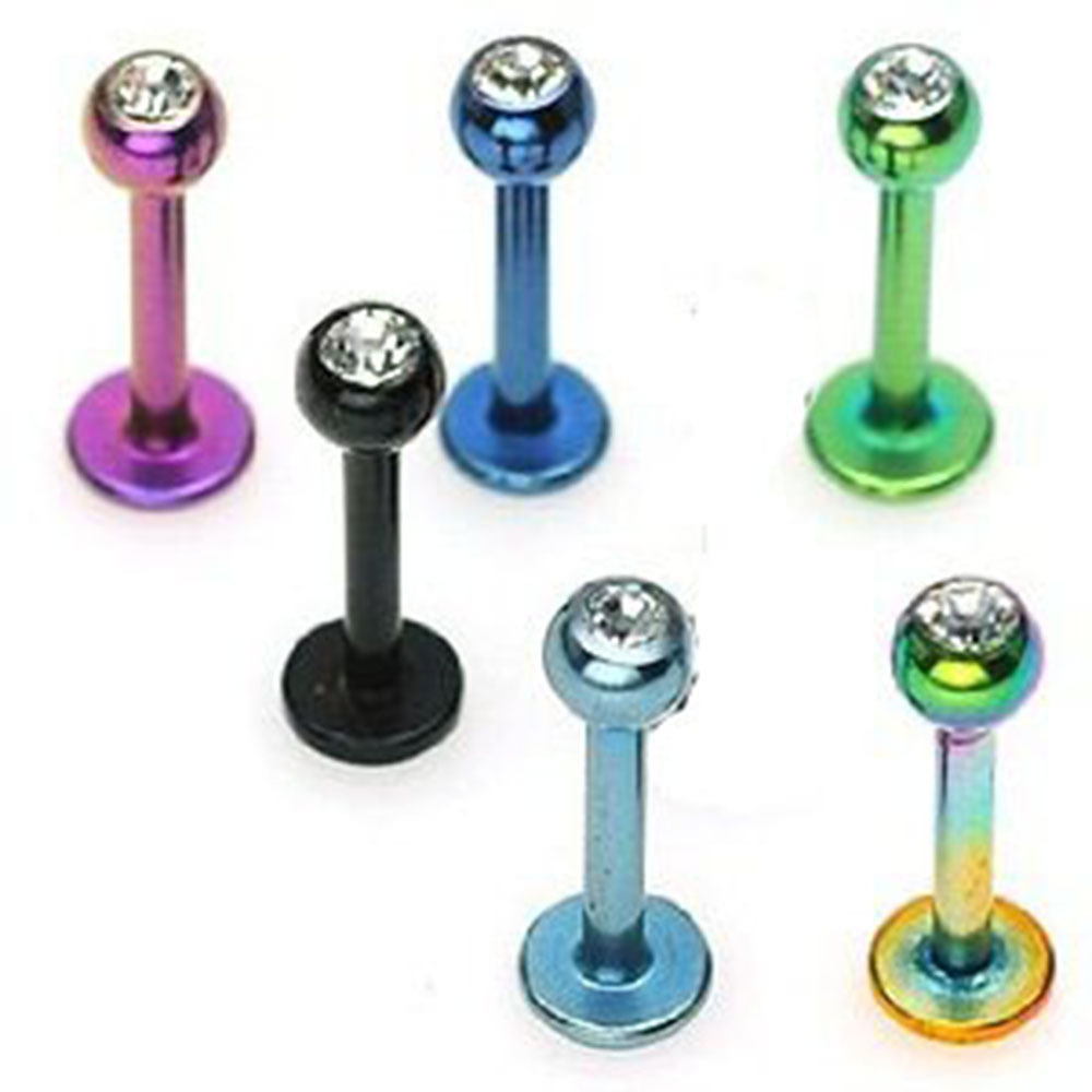 1 – 16g 5/16″ 3mm CZ Ball Labret Titanium Over Stainless Steel Lip Ring Chin L16