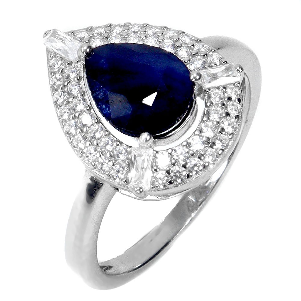 925 Sterling Silver Ring Pear Blue Sapphire Diffusion 9x7mm Gemstone Jewelry 8.5