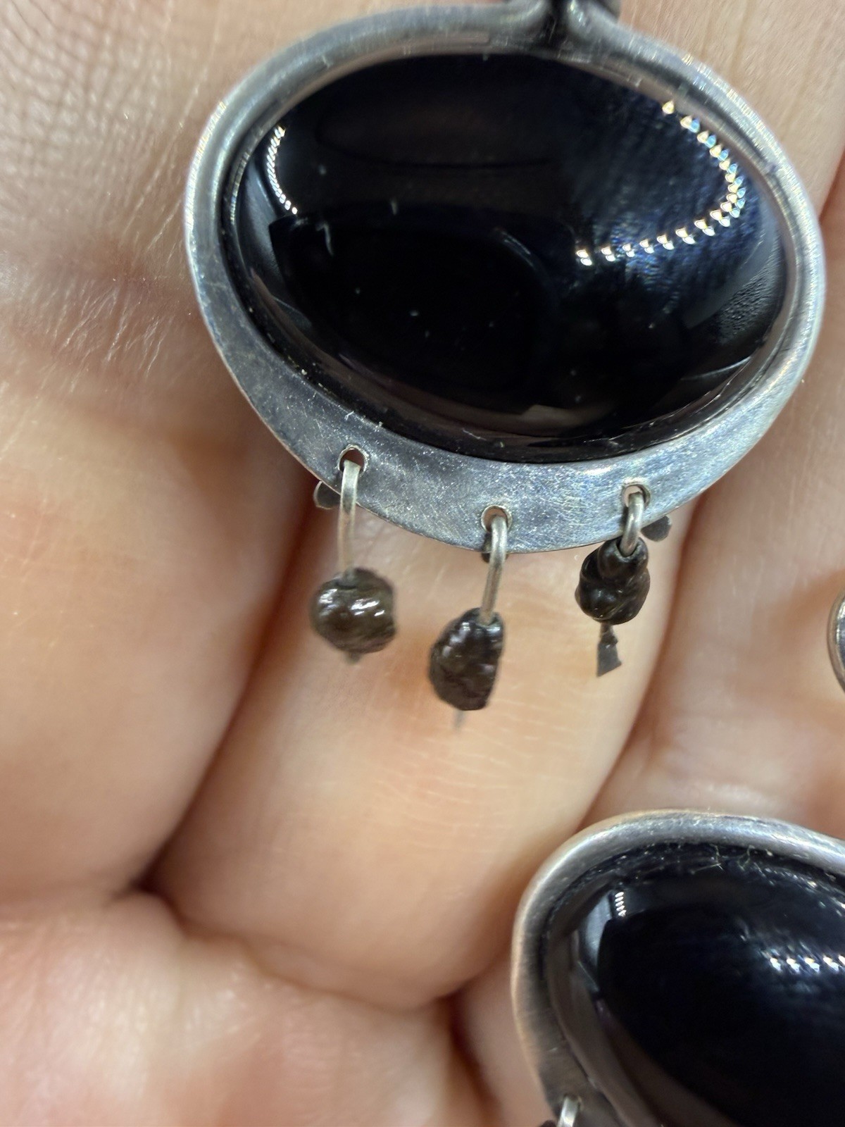 Black Onyx Dangle Ellipse Cabochon Silver Drop Earrings