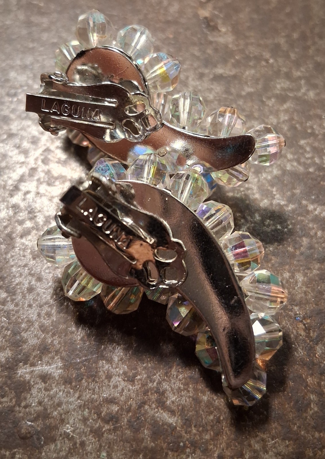 Vtg Crystal LAGUNA Clip Earring Cluster Aurora Borealis Bead Crescent Silvertone