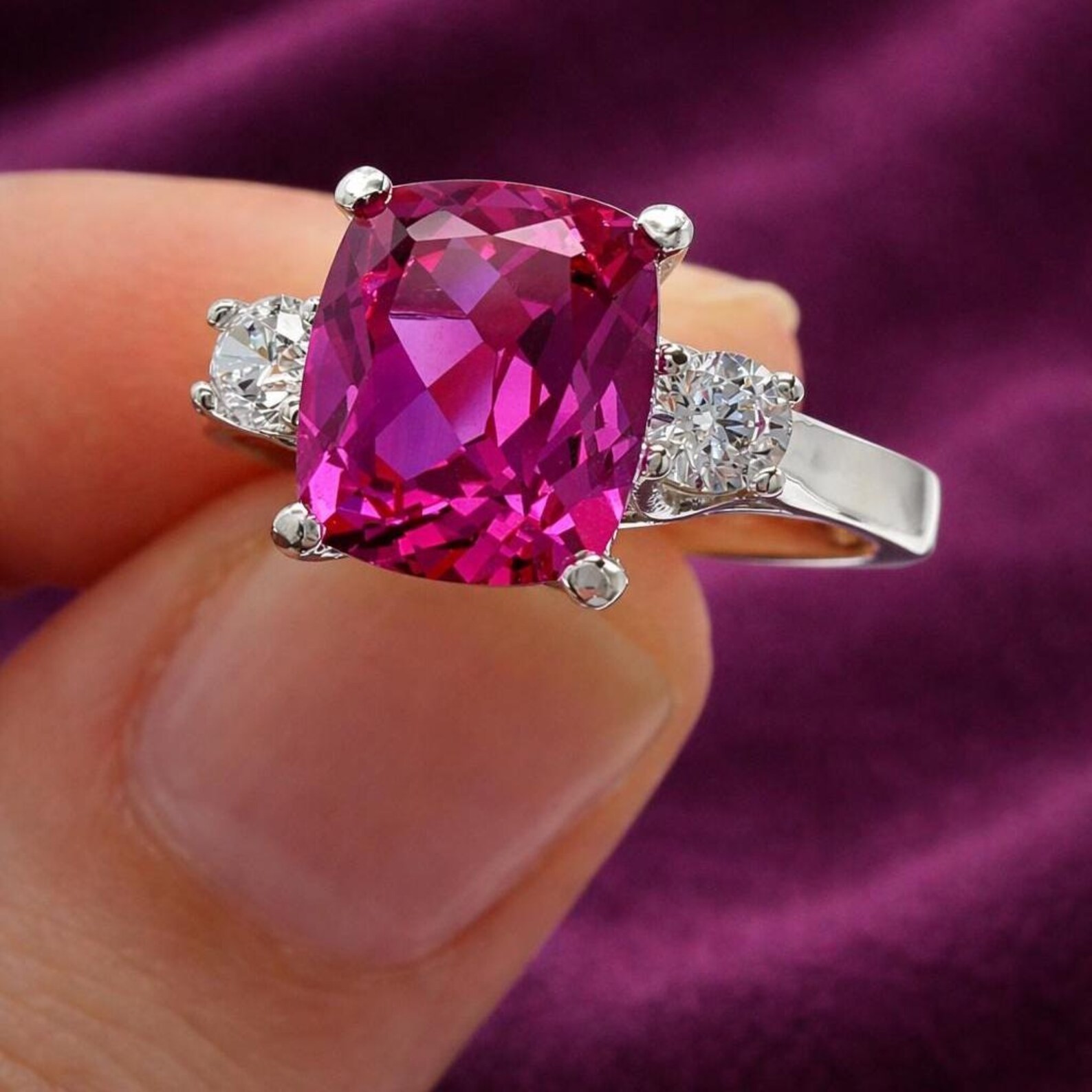 4.90 Ct Cushion Cut Pink Sapphire & Diamond Wedding Ring 14K White Gold Size 7