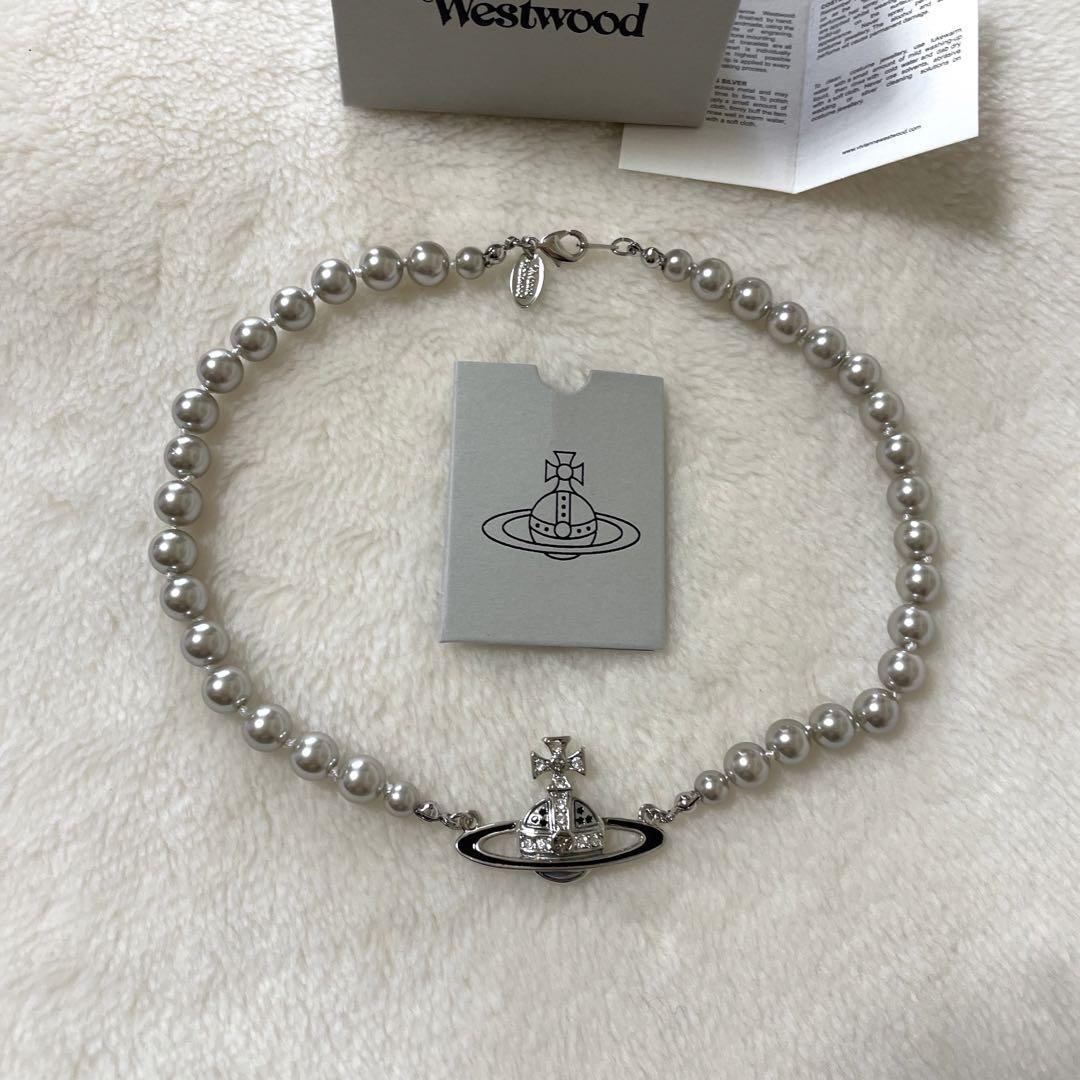Vivienne Westwood Necklace Pearl Choker 37cm Silver Pearl (Gray) IN BOX