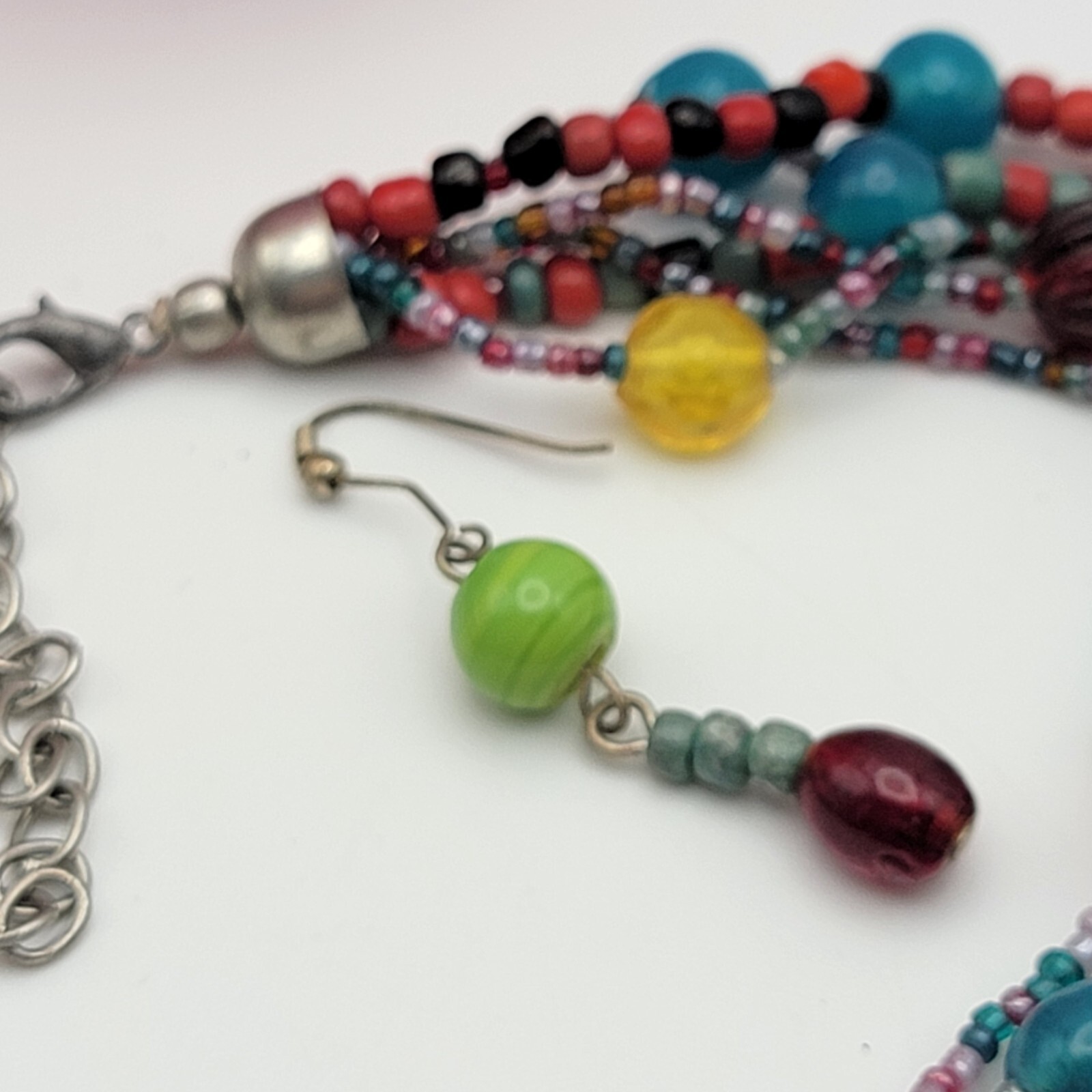 Multicolor Glass Stone And Seed Bead Multi Strand Necklace And Earrings Set 20″