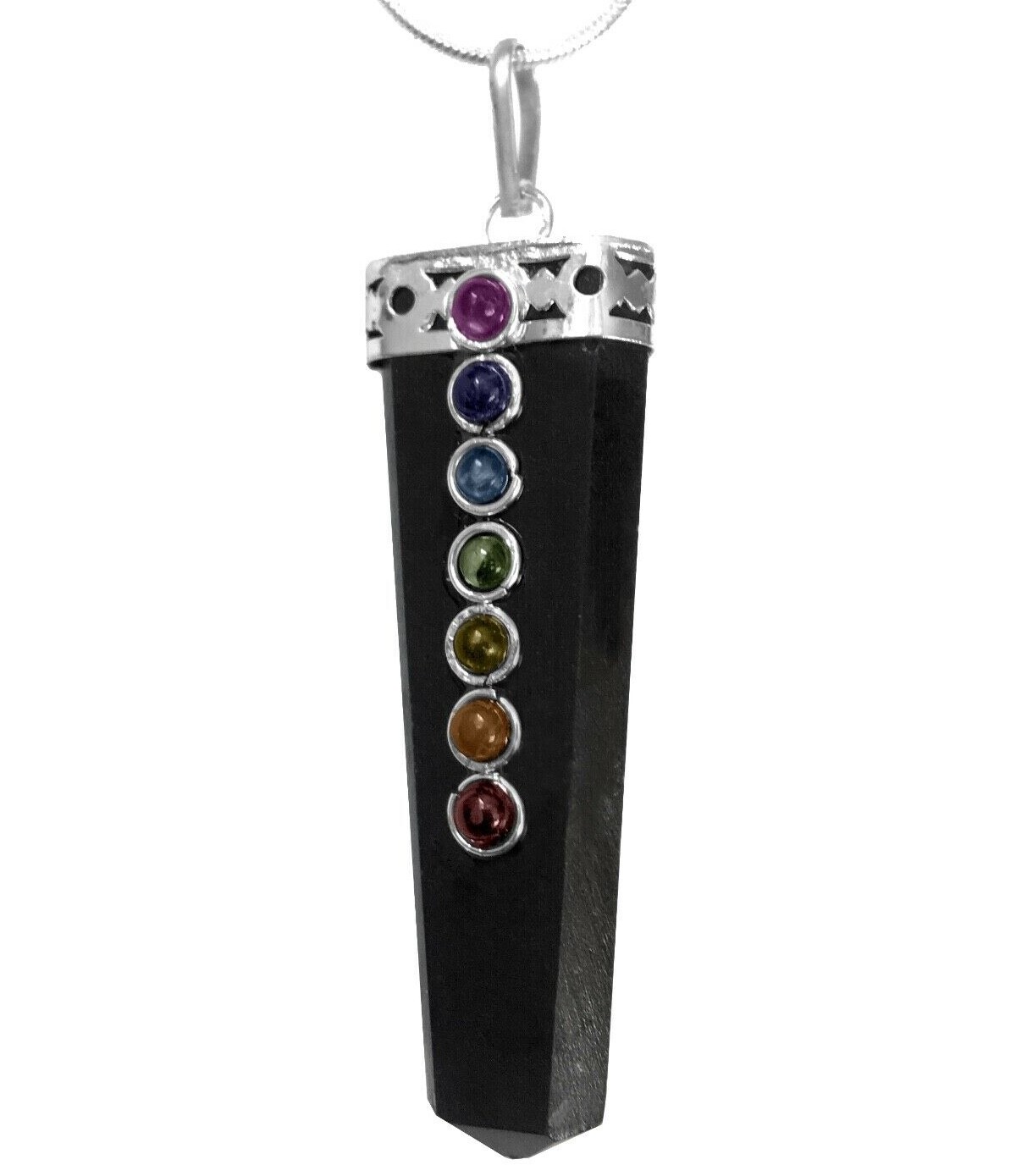 Obsidian 7 Chakra Pendant Silver Crystal Gemstone Necklace Reiki Healing CHARGED