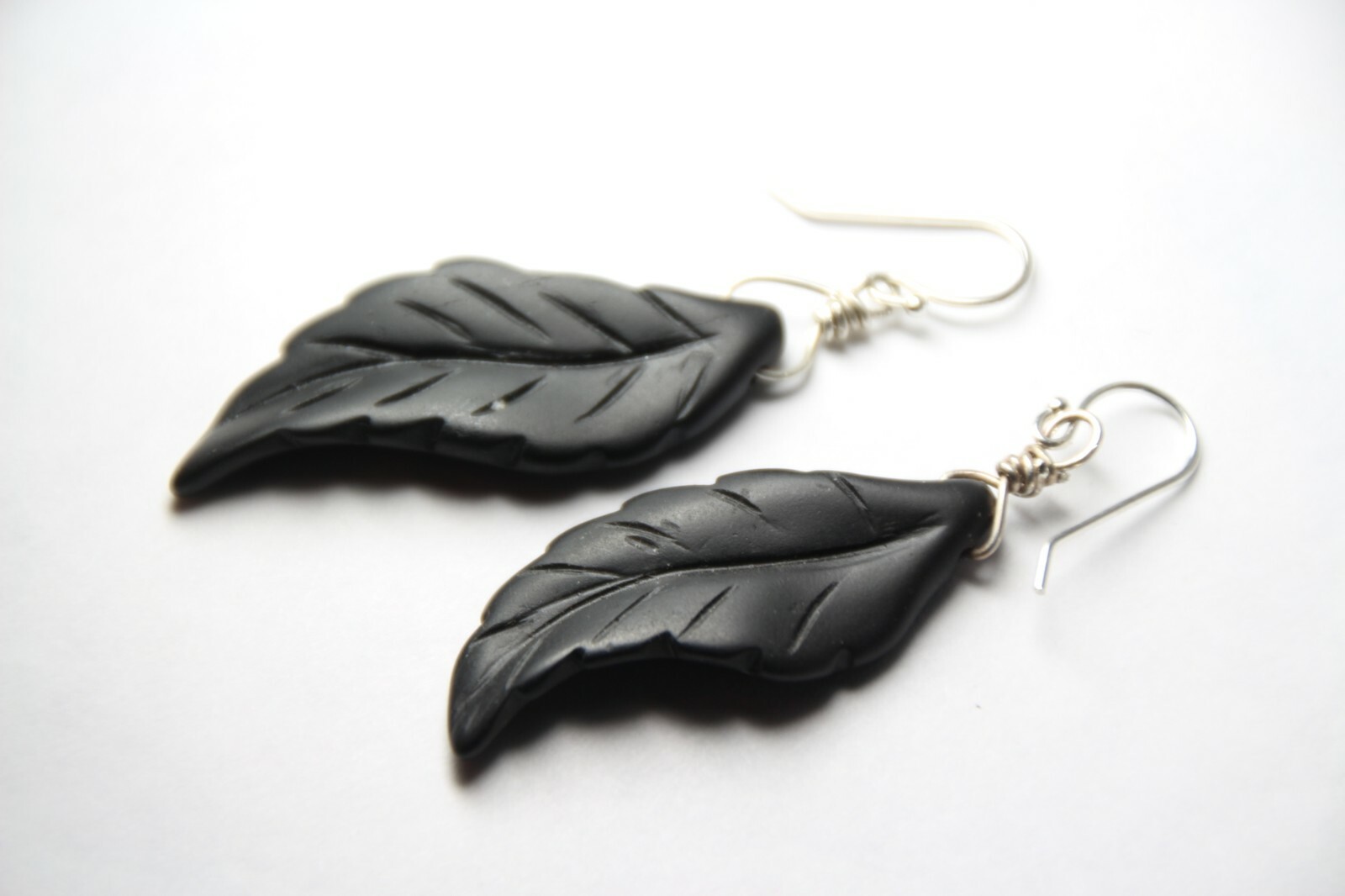 Graphite Black Leaf Carved Gemstone 925 Sterling Silver Wrapped Earrings 2 1/4″