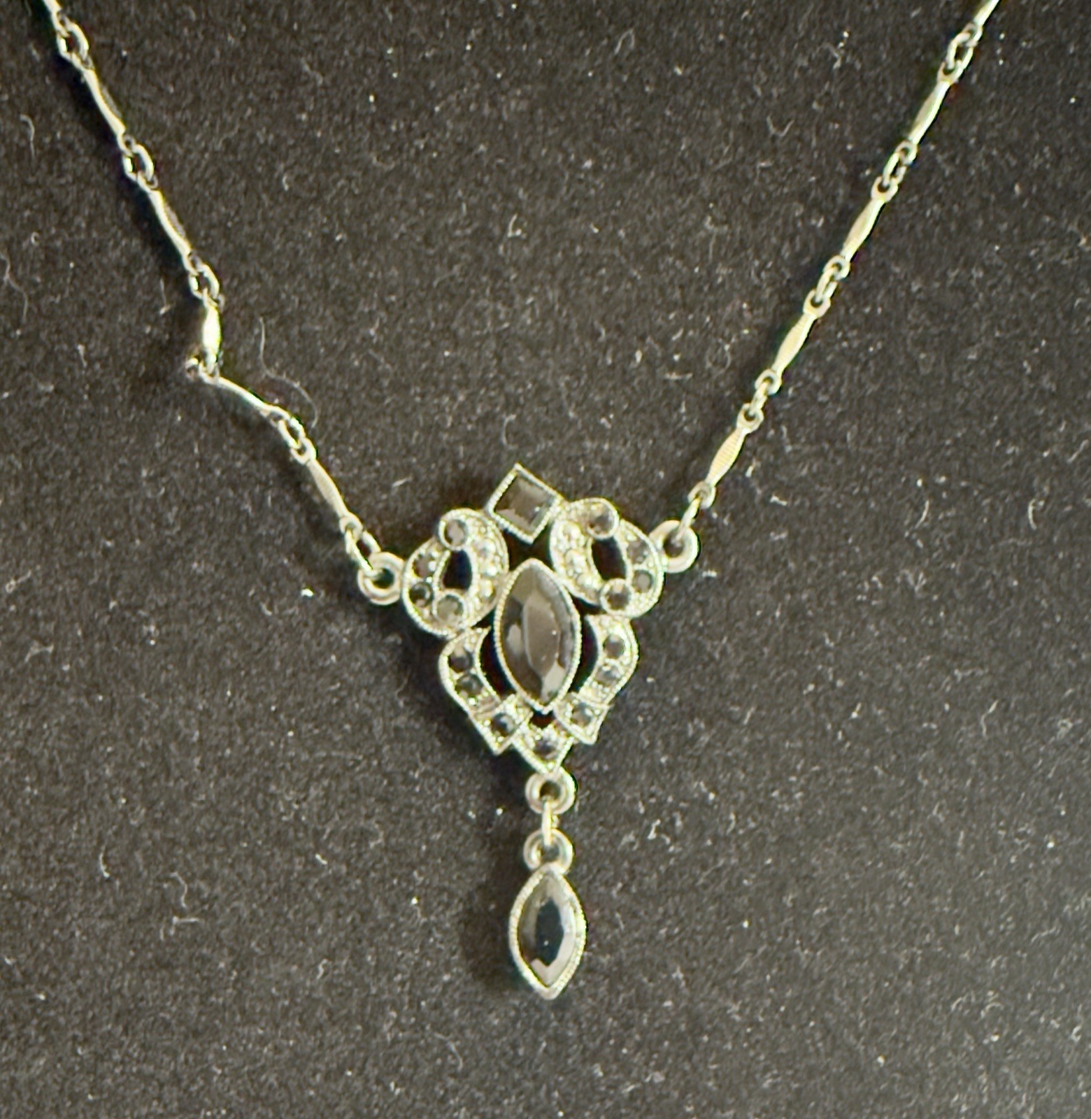 VTG 1928 Jewelry Co Black Rhinestone Marquise Y Drop Necklace Gunmetal Gothic