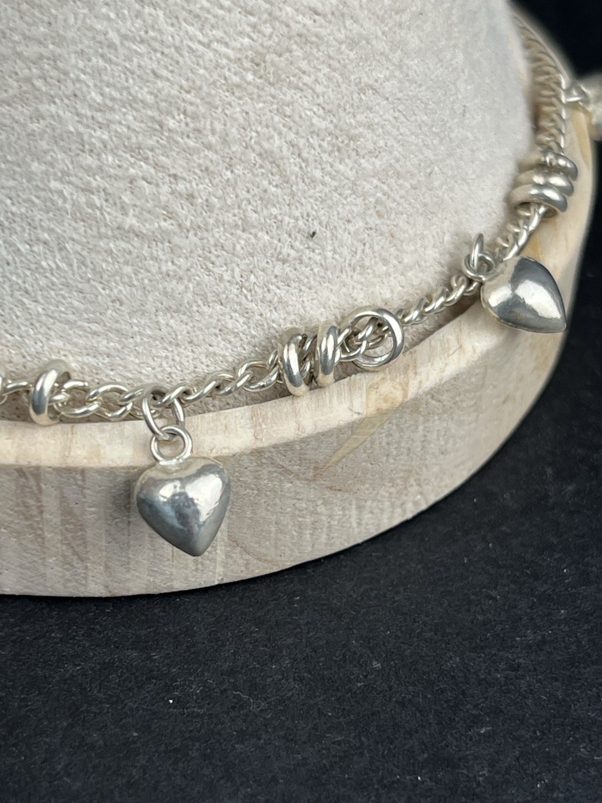 Sterling Silver 925 Puffy Heart Charm Anklet 9.75” Adjustable 9.45g