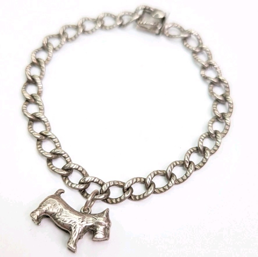 Automade Sterling Silver Charm Bracelet Push Lock Clasp 7-3/4 Inch Scottie Dog