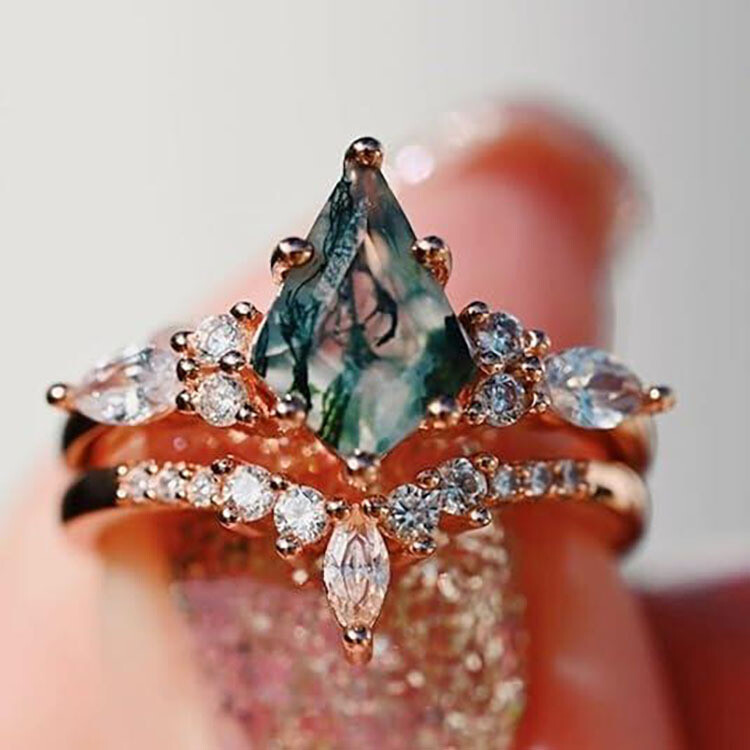 Natural Green Moss Stone Agate Fashion Rings 2pcs Set