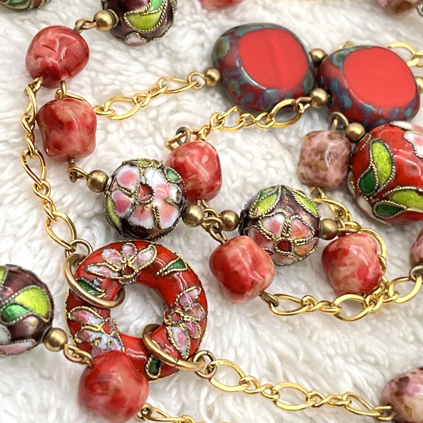Cloisonne Necklace Red Beads Gold Tone Floral Flower 32″