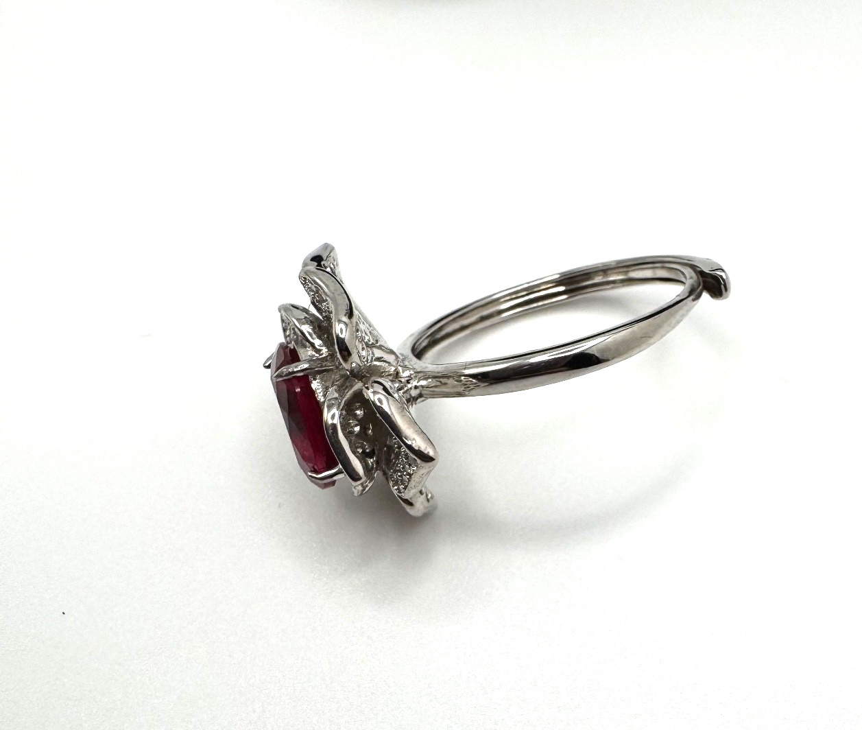 Platinum Plated Adjustable 2 ct Moissanite Pink Flower Ring Vintage Inspired