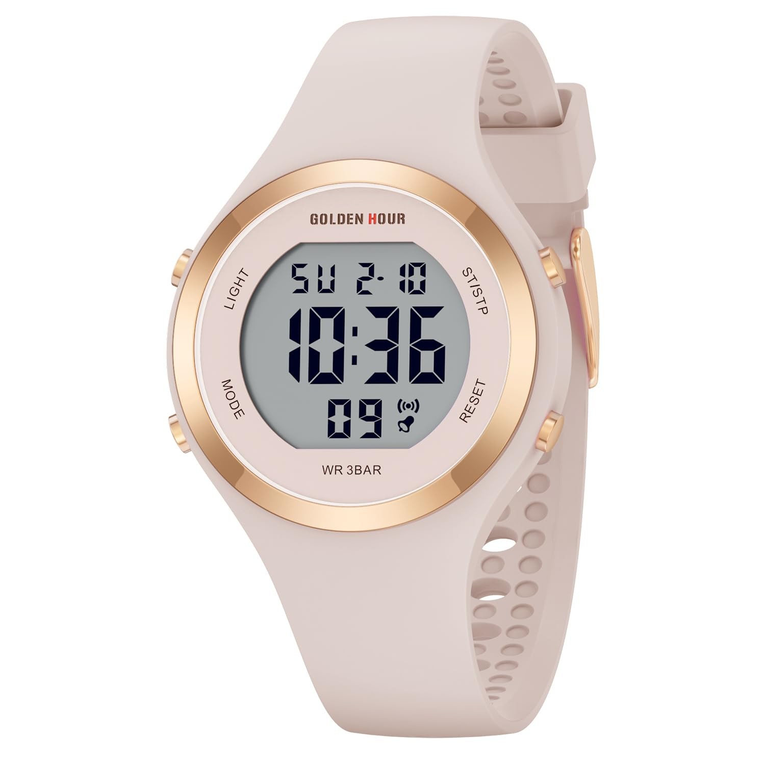 Digital Chronograph Watch Women 38mm Rose Gold Waterproof Silicone Strap Alarm