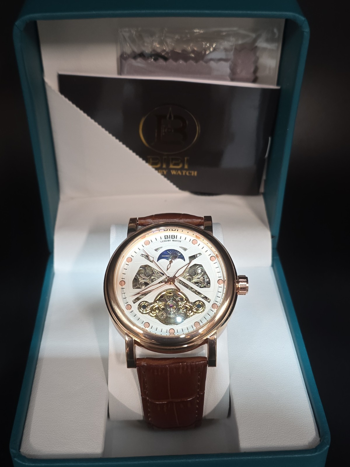 BIBI Luxury Watch Automatic Skeleton Rose Gold, Leather Band