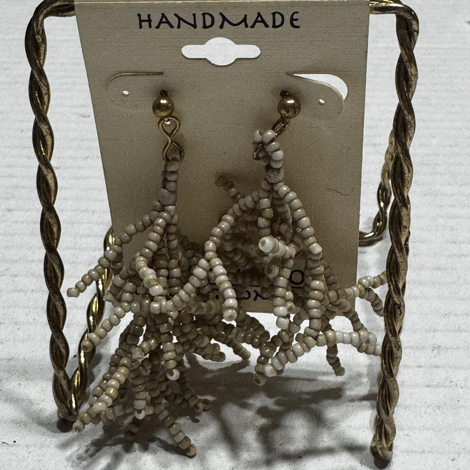 Bamboo Trading Co Handmade Seed Bead, Beige Earrings 3” Dangle Gold Coral Reef