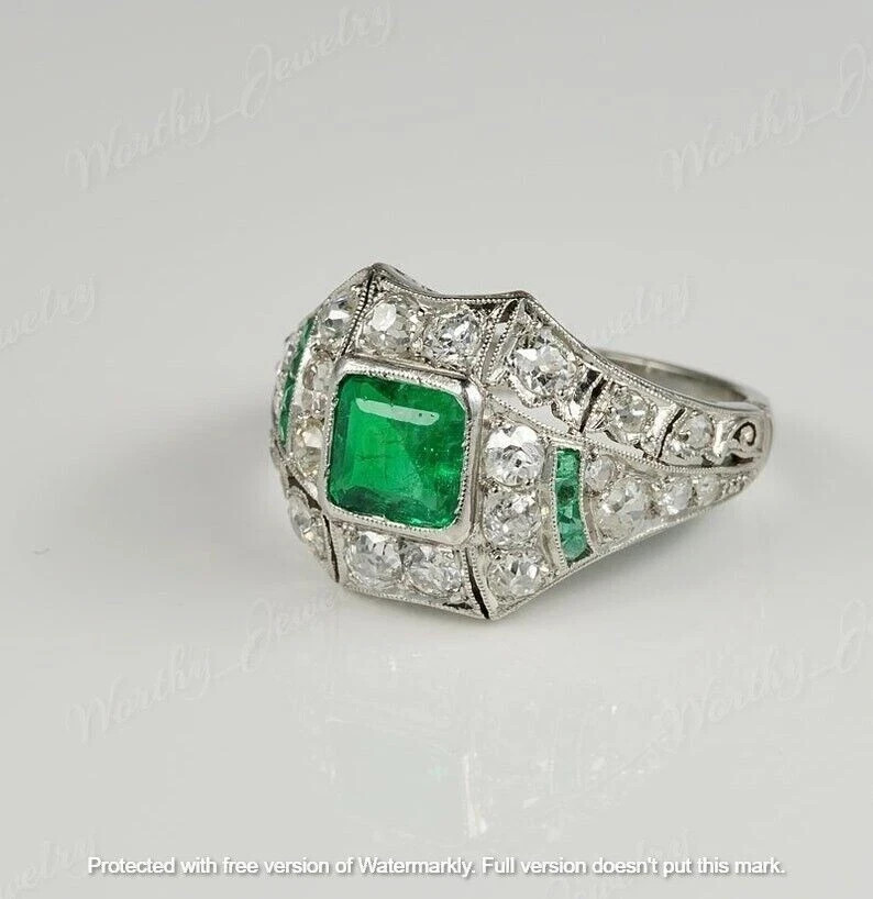 2.30Ct Lab-Created Green Emerald Engagement Ring 14K White Gold Over