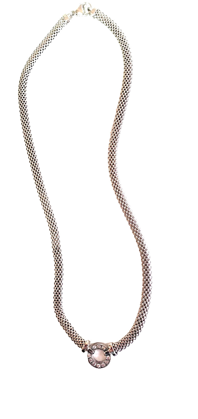 Sterling Silver Mesh Chain Necklace CZ Station Pendant 16 inches Long Made Italy