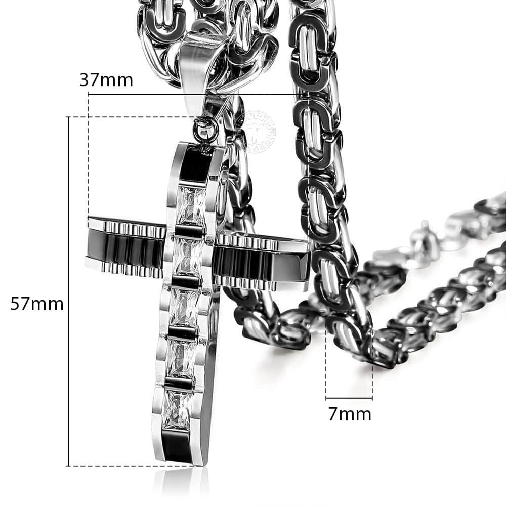 Black&Silver CZ Cross Necklace Pendant Stainless Steel Byzantine Chain 18″-30″