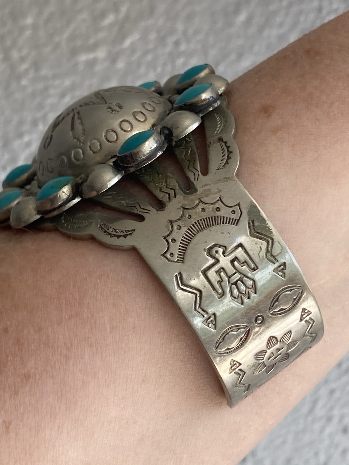 Vintage Bracelet Nickel Silver Faux Turquoise Cuff Stamped BELL TRADING POST