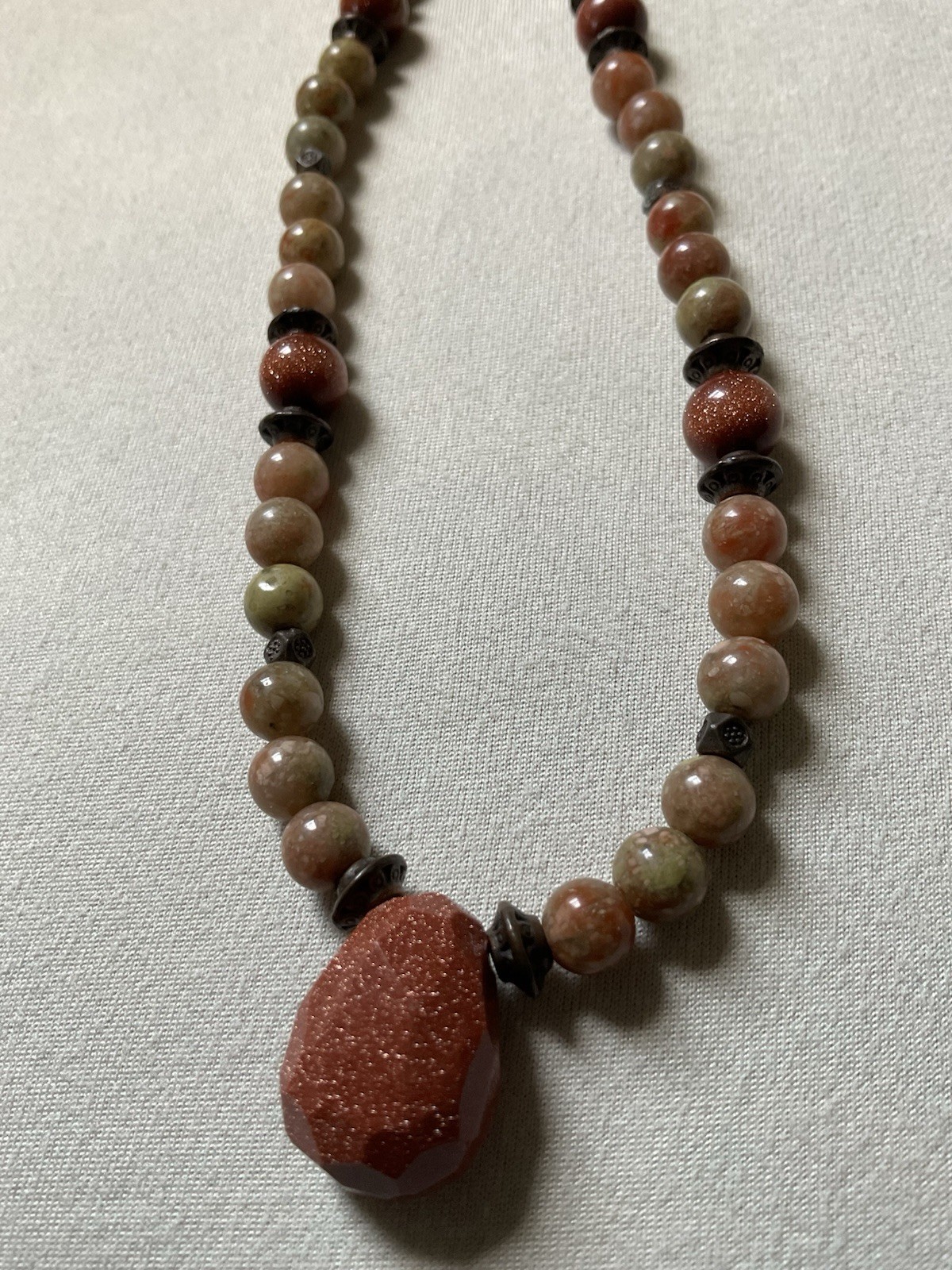 Gold SandStone Pendant On A 16” Choker Necklace Genuine Stones Metal Beads