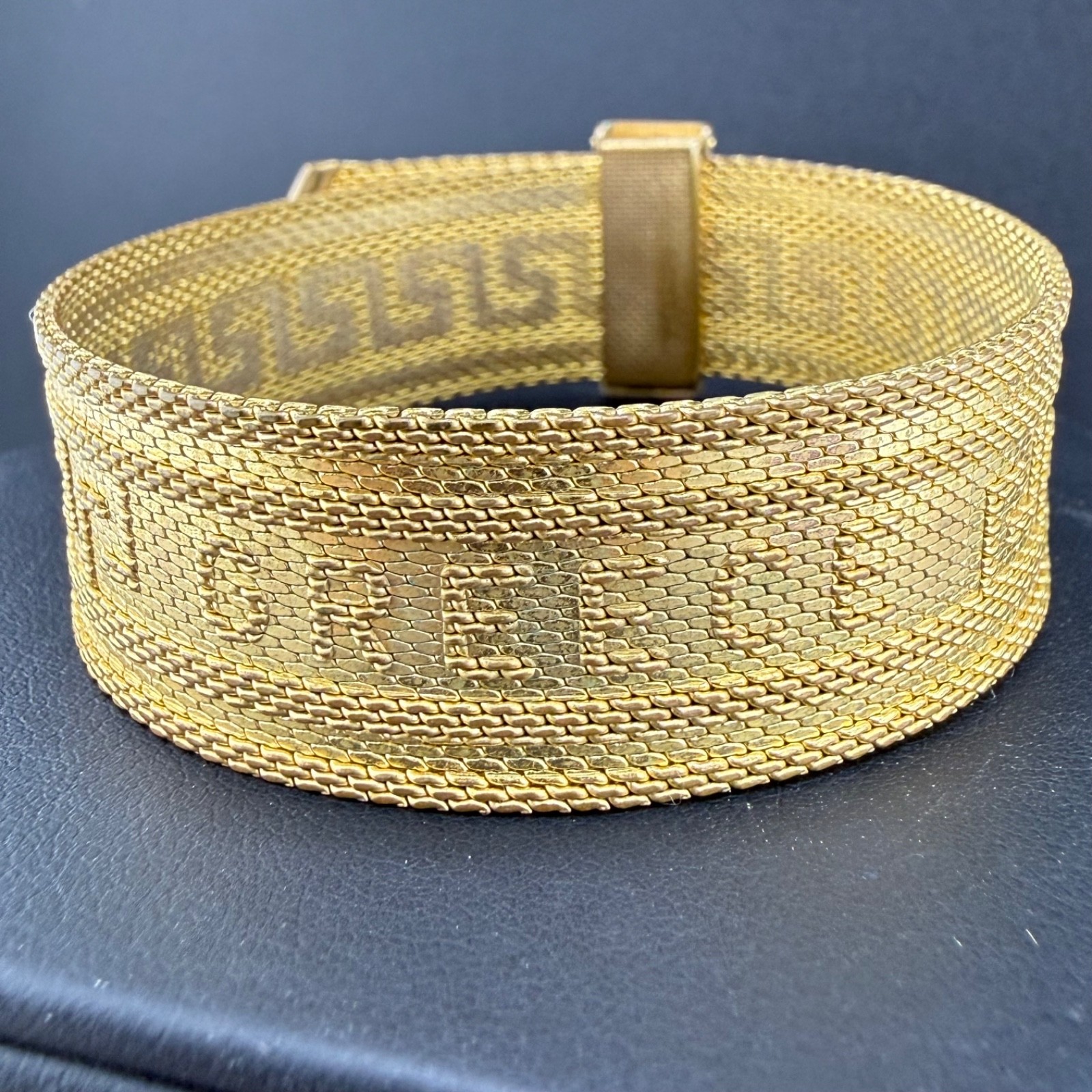 Vintage Greek Key Buckle Bracelet Wide Greece Gold Tone Adjustable 7.5”